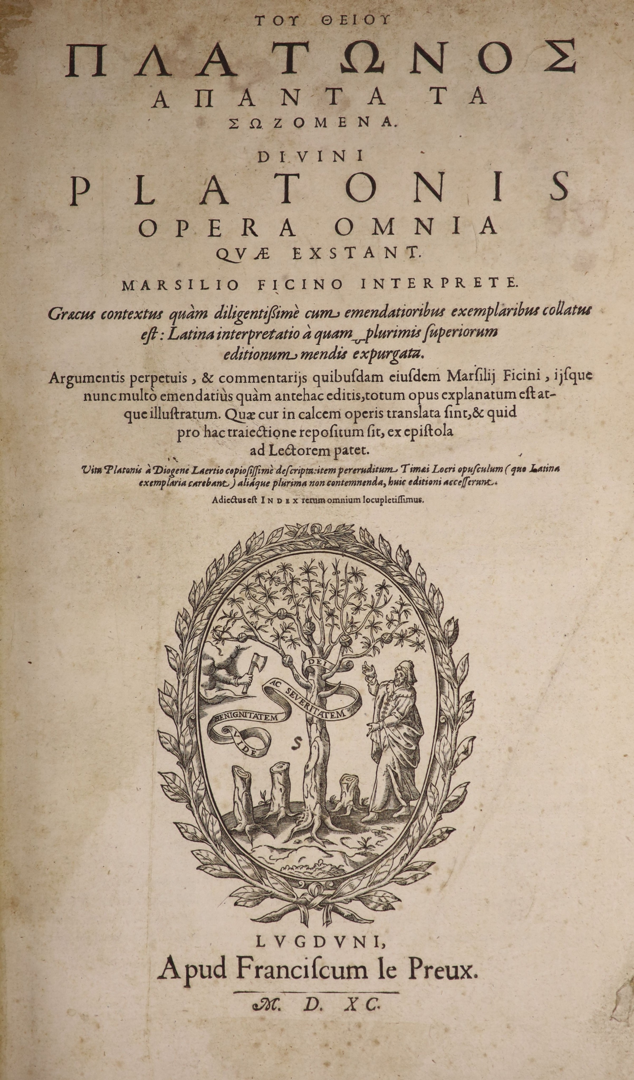 Plato - (Gk. title) Opera Omnia Quae Exstant. Marsilio Ficino interprete ... engraved title device; (28), 849, (27)pp. newly rebound burgundy half morocco and cloth, gilt-lettered panelled spine, roy. 4to. Lyon: Francisc